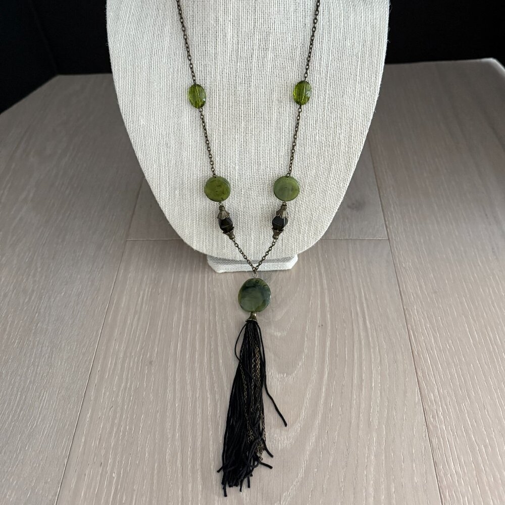 Vintage Boho Green and Black  Bead and Tassel Necklace